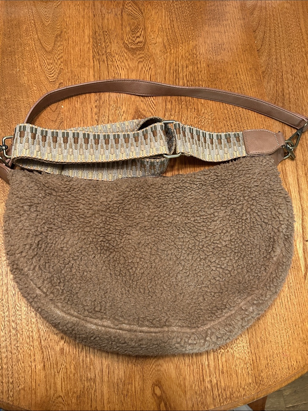Urban Originals Anthropologie Taupe Sherpa Hobo Bag with Patterned Strap
